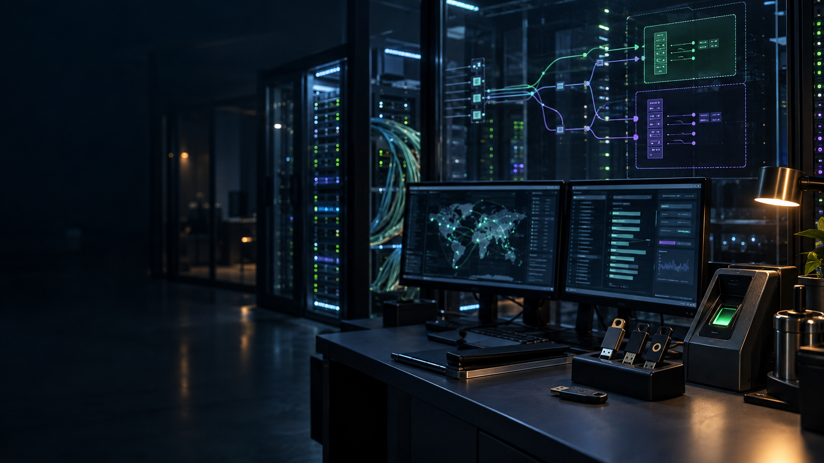 Enterprise security operations room with hardware keys, network infrastructure, and branching AI authorization paths
