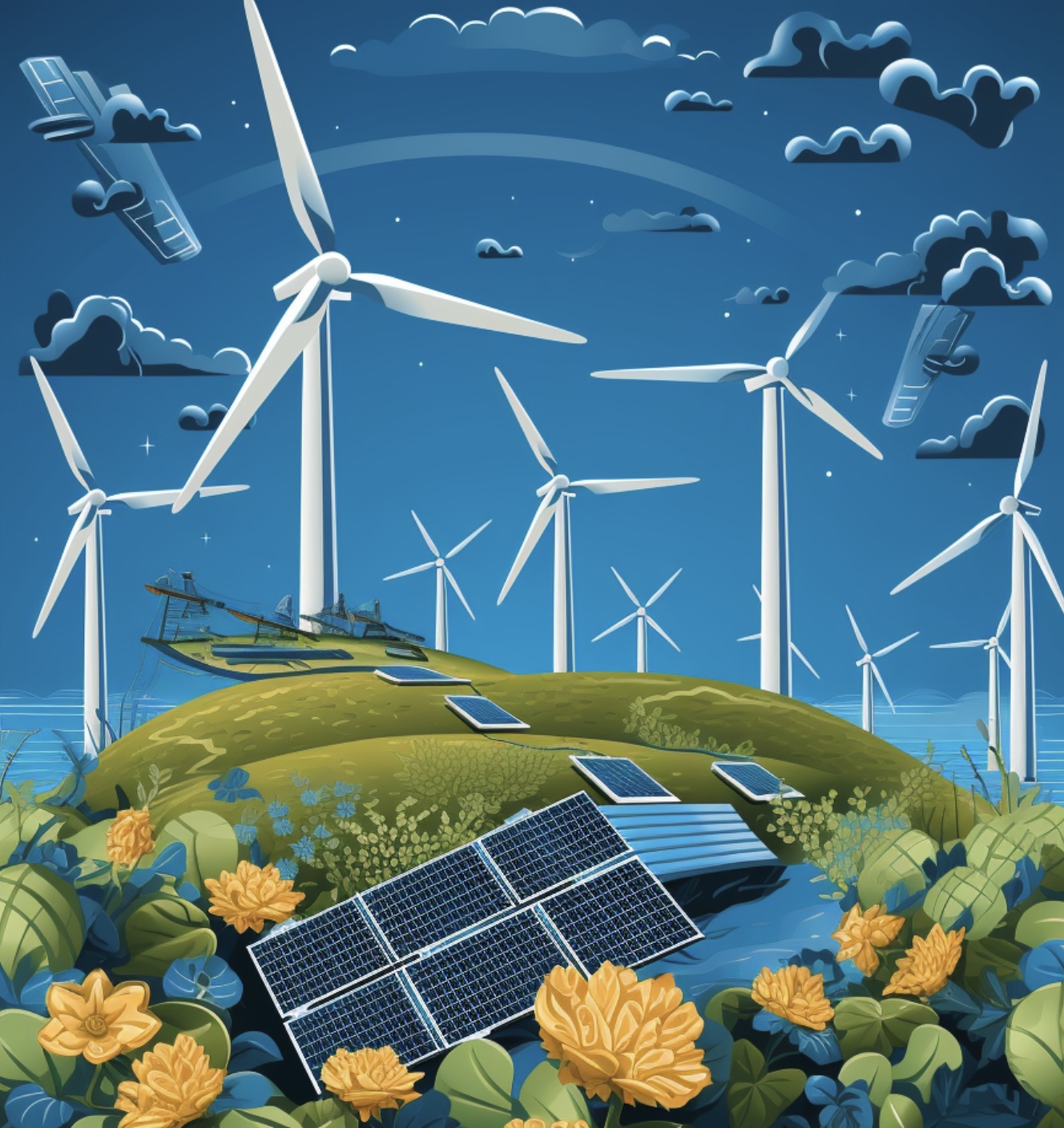 An illustration showcasing renewable energy sources like solar panels and wind turbines, with dollar signs or tax credit symbols. 